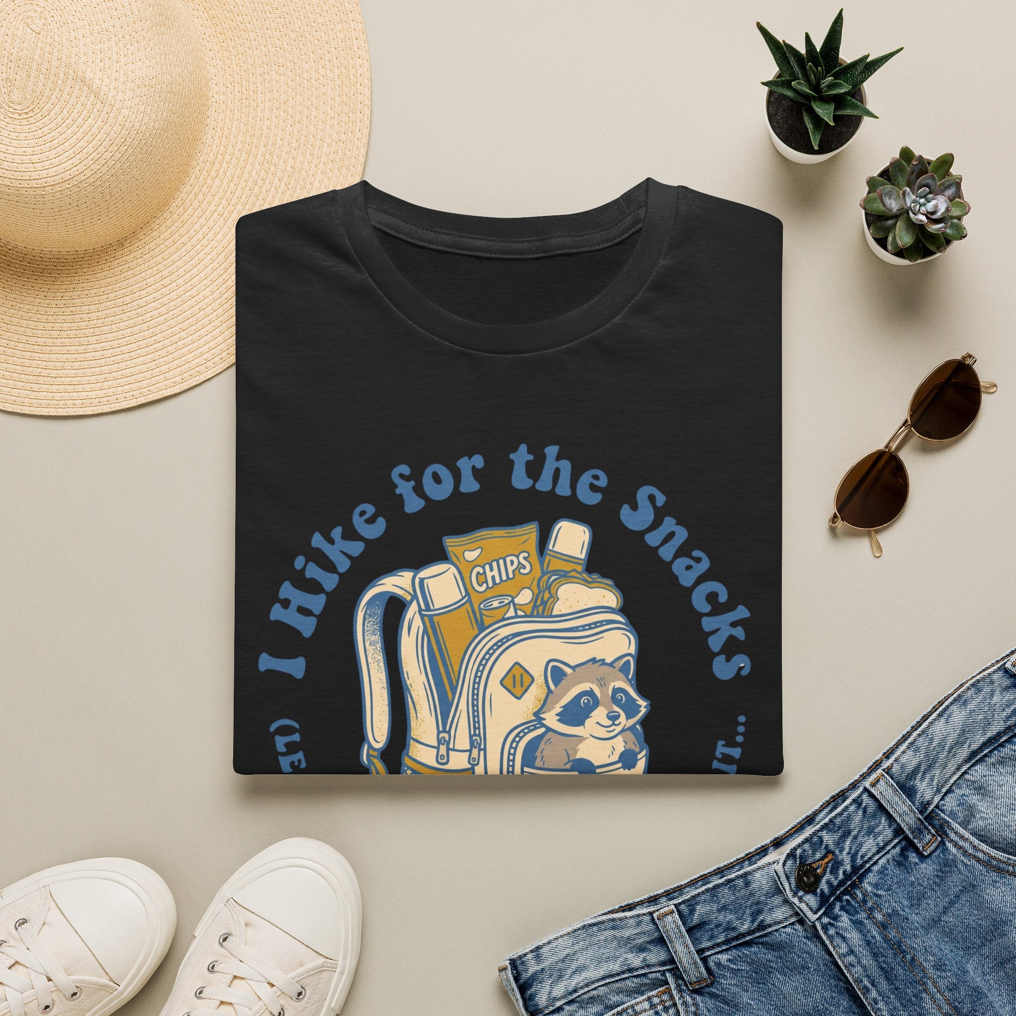 T-Shirt — I Hike for the Snacks Graphic Tee (Backpack Raccoon)