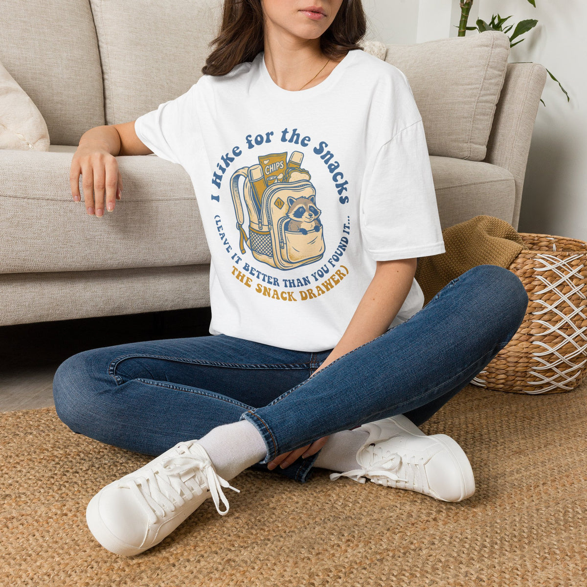 T-Shirt — I Hike for the Snacks Graphic Tee (Backpack Raccoon)