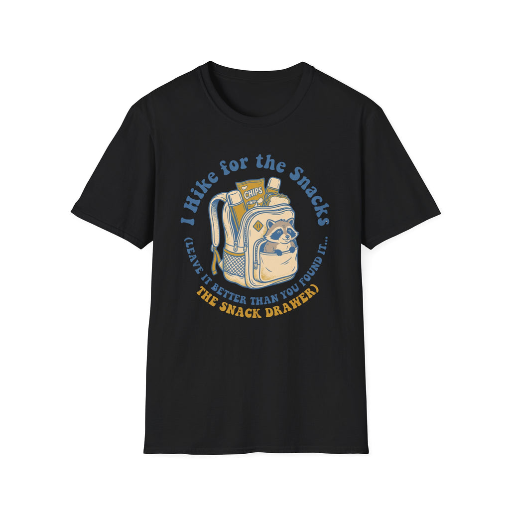 T-Shirt — I Hike for the Snacks Graphic Tee (Backpack Raccoon)